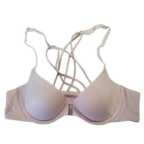 Aerie Sunnie Demi Light Pink Front-Close Strappy Criss-Cross Gold Strap Bra 34A - Picture 1 of 4